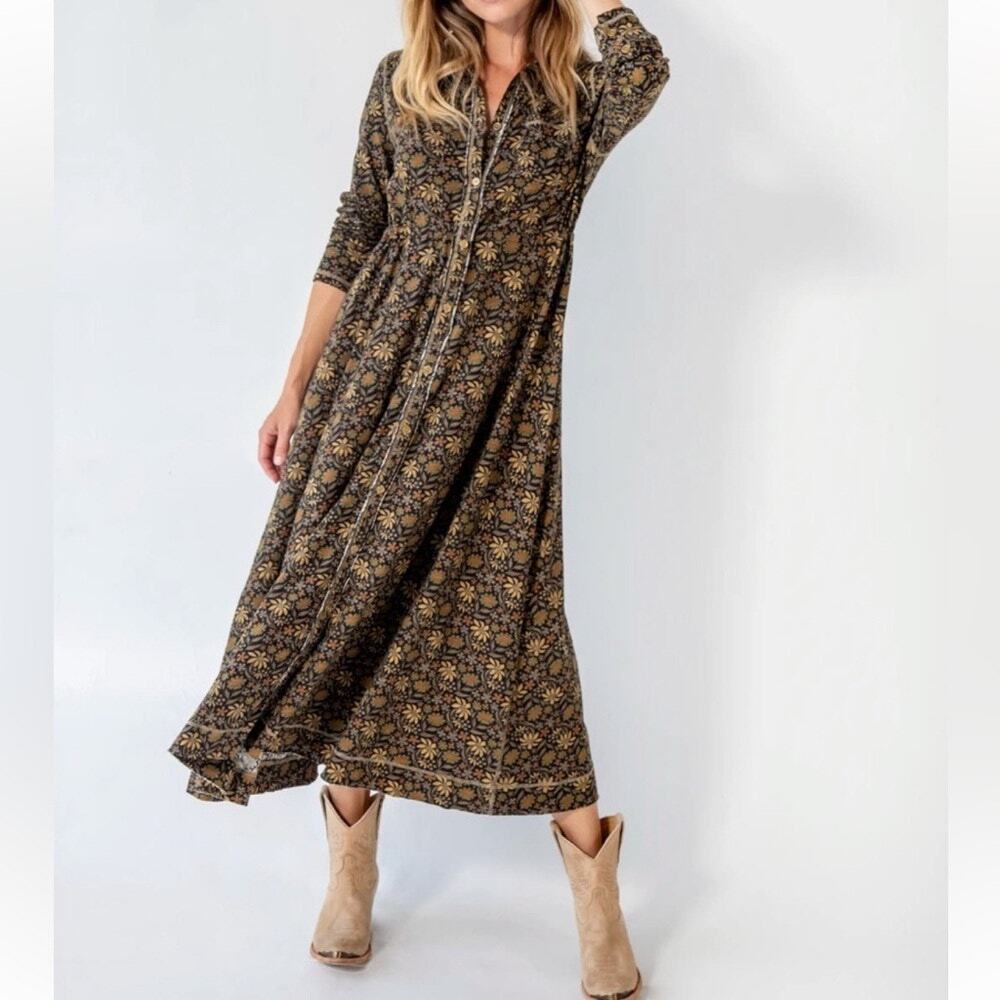 Natural Life Dress Christa Knit Cotton Floral Boho Cottagecore Black Size XL - Picture 2 of 13